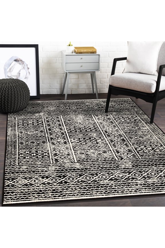 BNM Formal Geometric Border Indoor Area Rug, 4'x6', Black