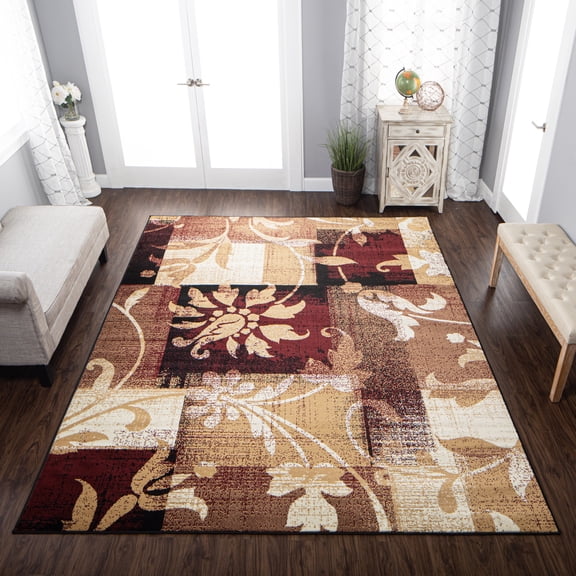 BNM Floral Damask Indoor Area Rug, 4' x 6', Burgundy