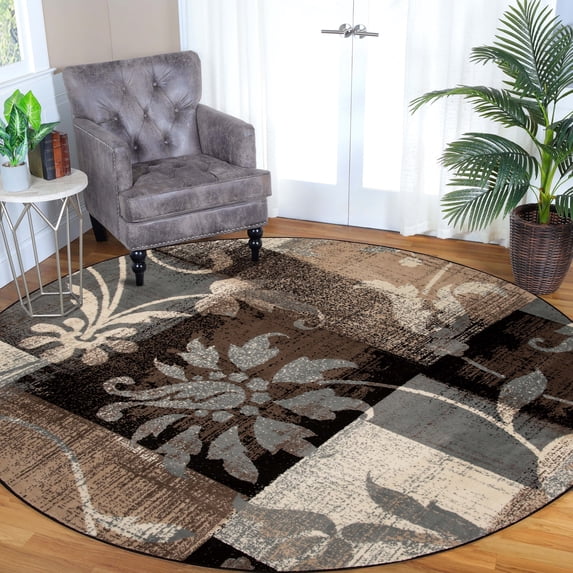BNM Floral Damask Indoor Area Rug, 5' Round, Beige