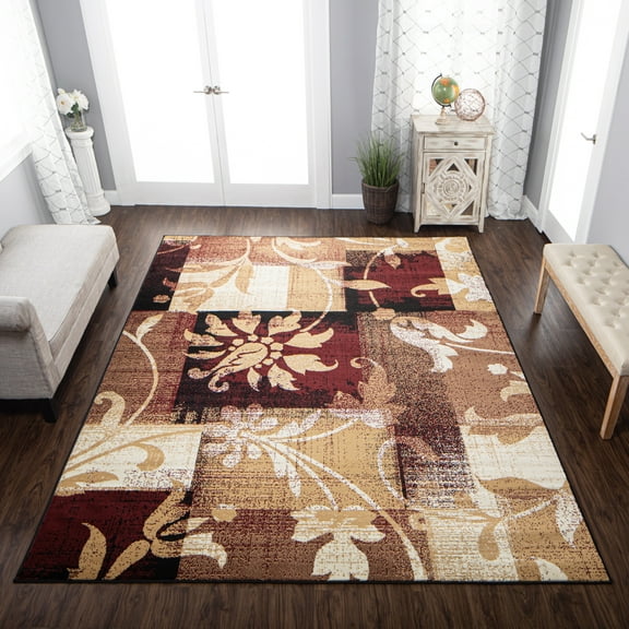 BNM Floral Damask Indoor Area Rug, 5' x 8', Burgundy