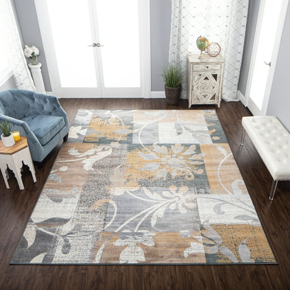 BNM Floral Damask Indoor Area Rug, 5' x 8', Camel