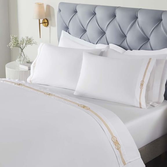 BNM Gold Embroidered Cotton Bed Sheet Set, Full, White/Gold