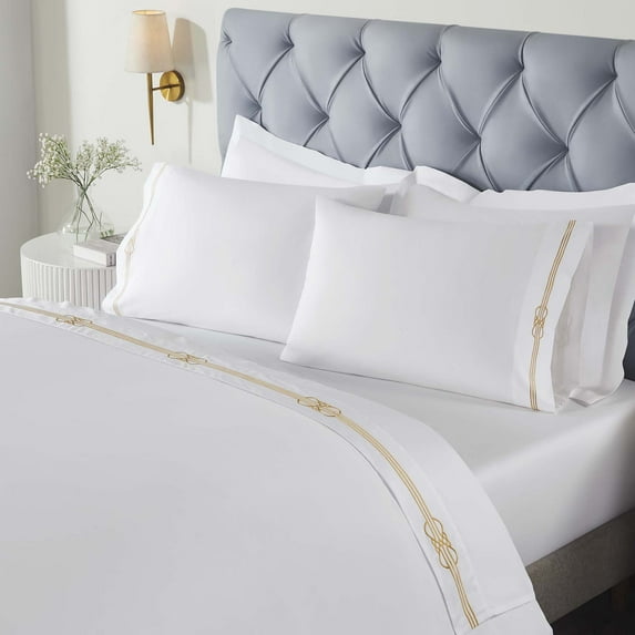 BNM Gold Embroidered Cotton Bed Sheet Set, Twin, White/Gold