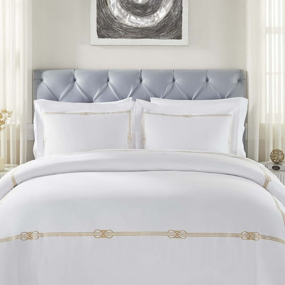 BNM Gold Embroidered Cotton Duvet Cover Set, King/California King, White/Gold