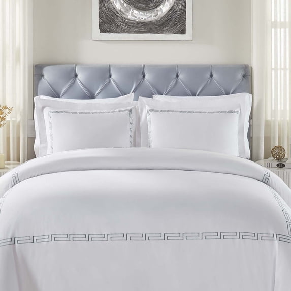 BNM Greek Key Embroidered Cotton Duvet Cover Set, Full/Queen, White/Silver