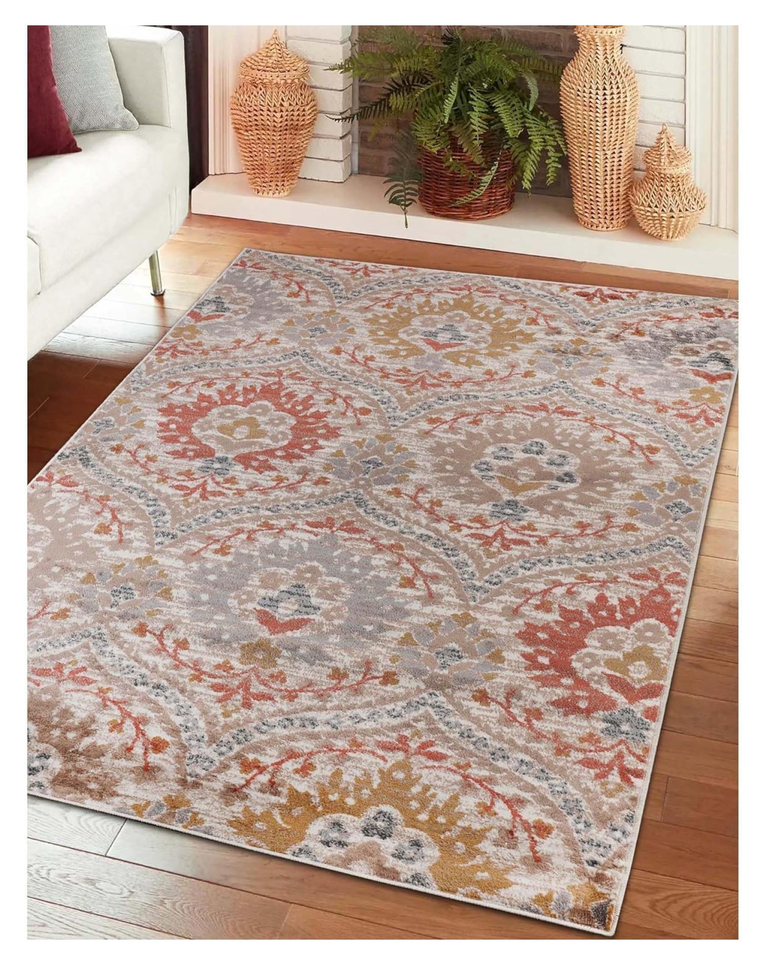 BNM Indoor Area Rug, Jute Backing, Modern Oriental Floral Damask Floor Decor for Office, Living