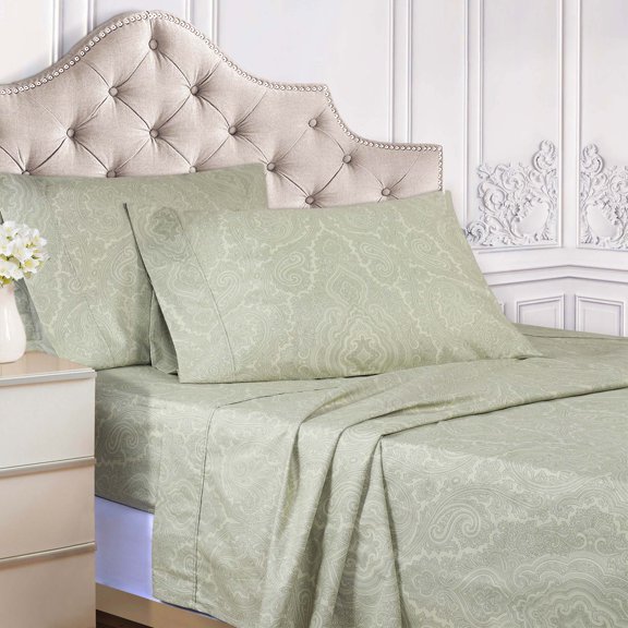 BNM Italian Paisley Cotton Blend Sheet Set, Twin, Sage