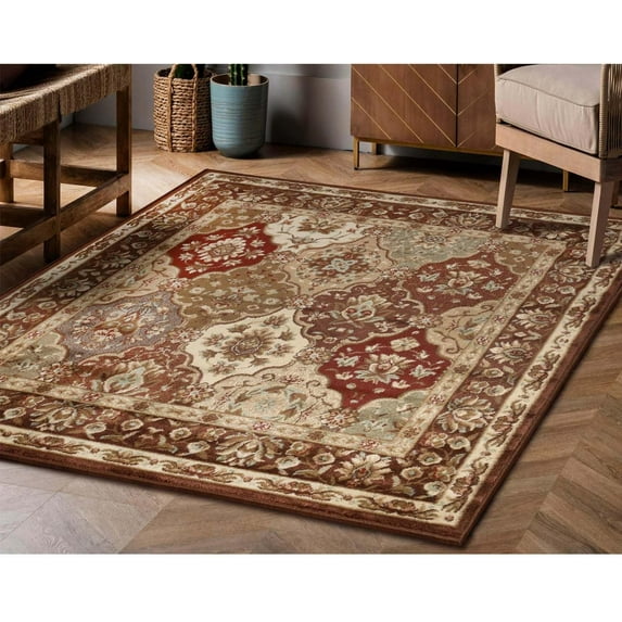 BNM Large Indoor Area Rug, Perfect for Living Room, Entryway, Basement, Bedroom, Kitchen, Office, Oriental Floor Cover, Jute Backing, Floral Medallion Indoor Area Rug, 5' x 5' Square, Chocolate