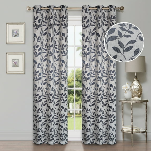 BNM Leaves Blackout Curtains, Set of 2, 42" x 84", White-Navy Blue