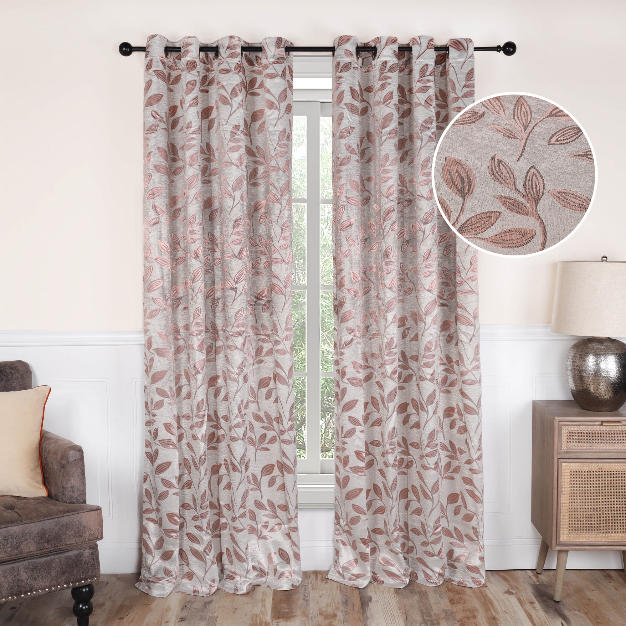 Bronze Botanical Leaves Blackout Window Panels, 52" x 63", Polyester