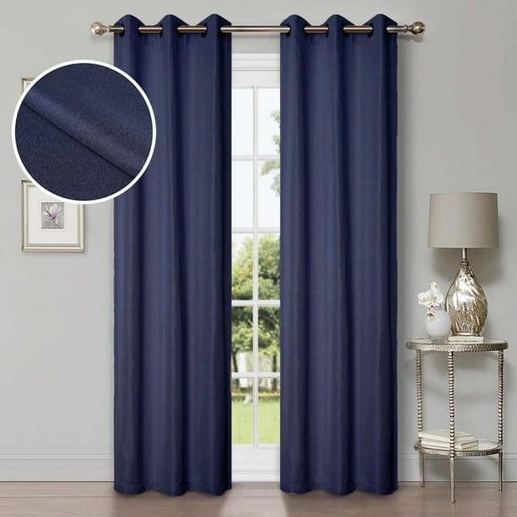 BNM Linen Pattern Blackout Curtains, Set of 2, 42" x 63", Navy Blue