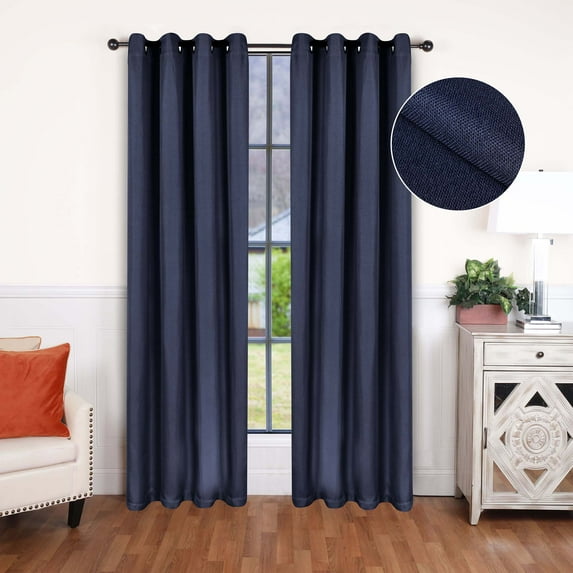 BNM Linen Pattern Blackout Curtains, Set of 2, 52" x 72", Navy Blue