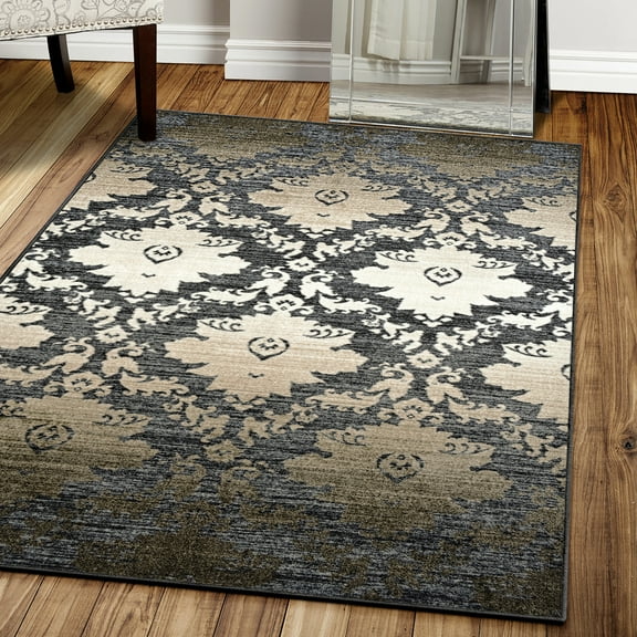 BNM Medallion Indoor Non-Slip Washable Area Rug, 4' x 6', Navy Blue