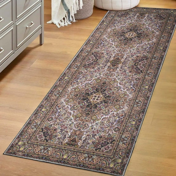 BNM Medallion Washable Indoor Area Rug, 2'7" x 10', Cream