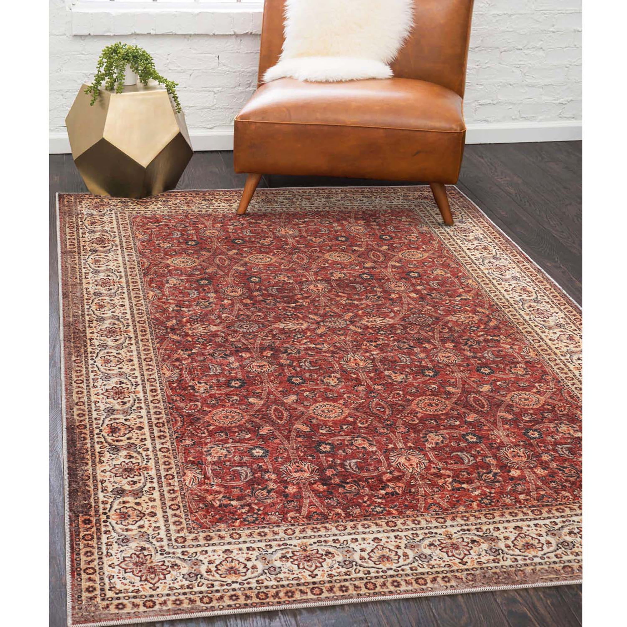 Vintage Medallion Red and Beige Synthetic Non-Slip Area Rug, 4'x6'