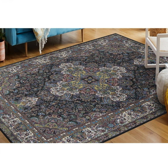 BNM Medallion Washable Indoor Area Rug, 5' x 7', Black