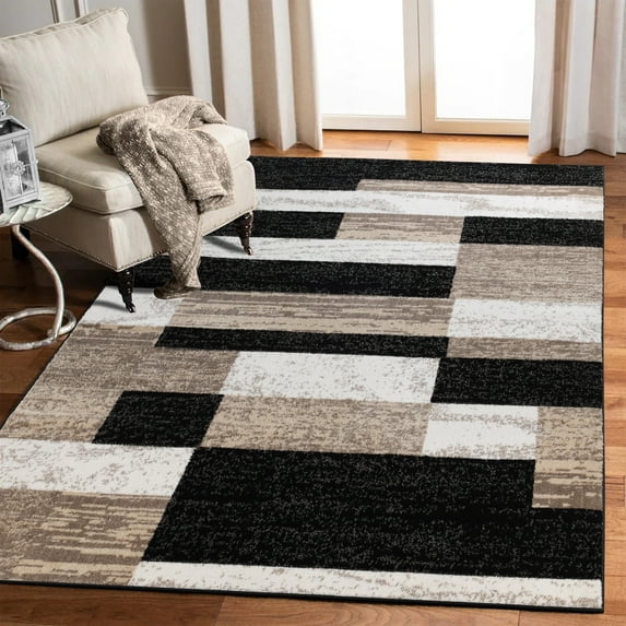 BNM Modern Color Block Indoor Area Rug, 5' x 8', Ivory-Beige
