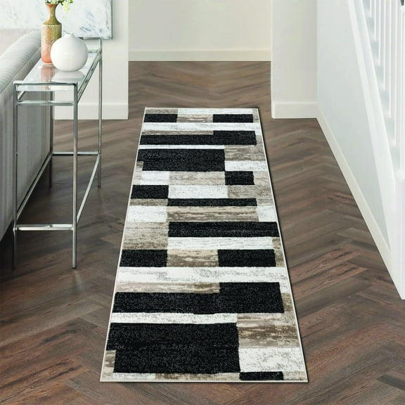 BNM Modern Color Block Indoor Runner Rug, 2' 7" x 8', Ivory-Beige