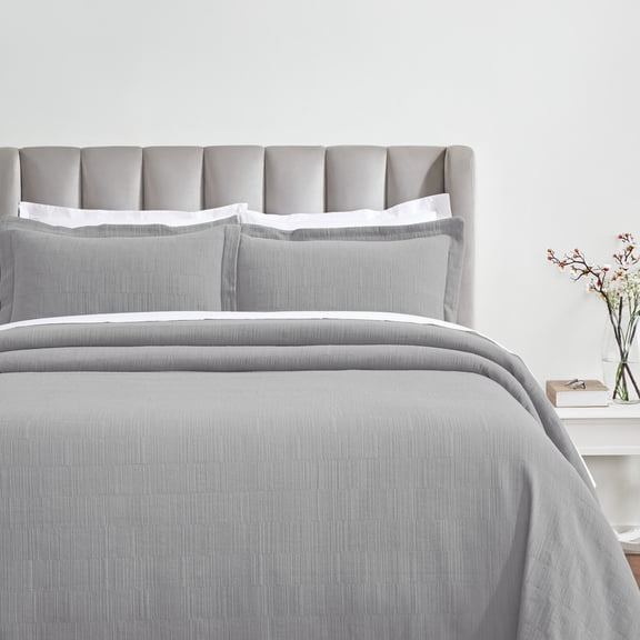 BNM Modern Cotton Matelasse Bedspread Set, Queen, Grey