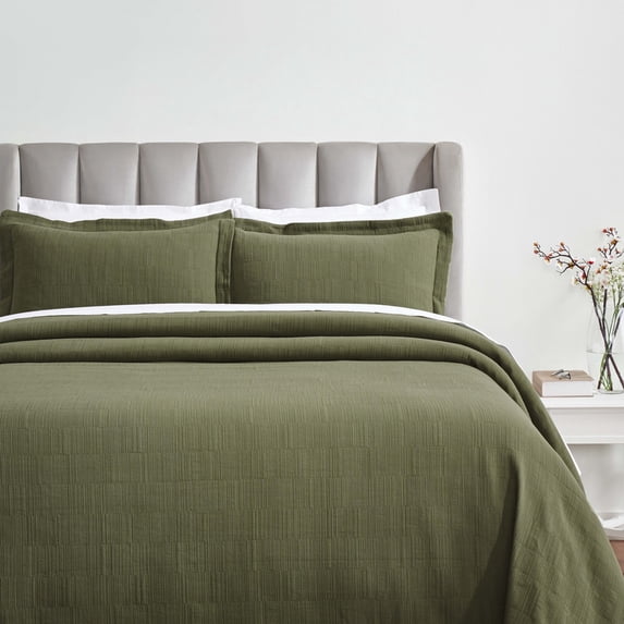 BNM Modern Cotton Matelasse Bedspread Set, Queen, Olive Green