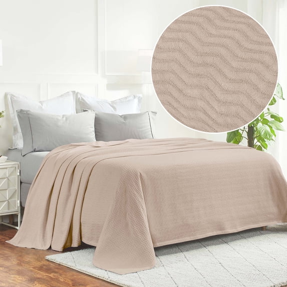BNM Modern Cotton Textured Chevron Woven Blanket, California King, Khaki