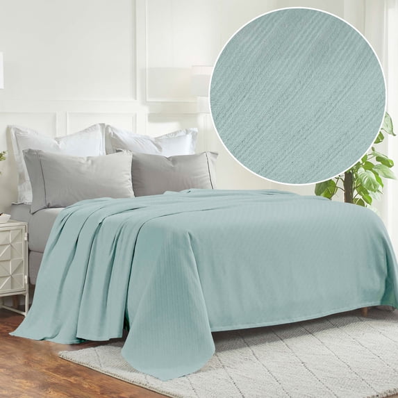 BNM Modern Cotton Textured Striped Woven Blanket, California King, Aqua