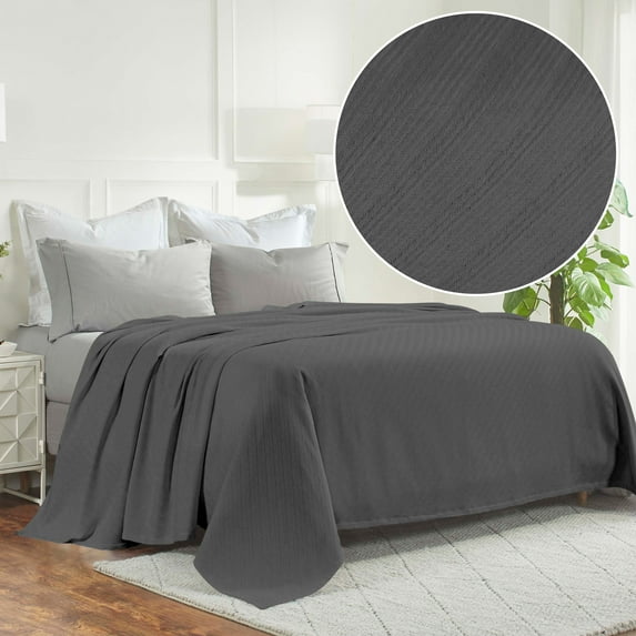 BNM Modern Cotton Textured Striped Woven Blanket, California King, Charcoal