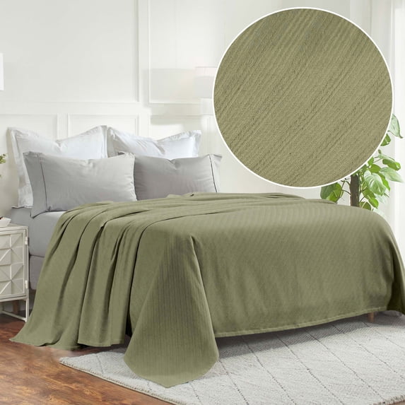BNM Modern Cotton Textured Striped Woven Blanket, King, Sage