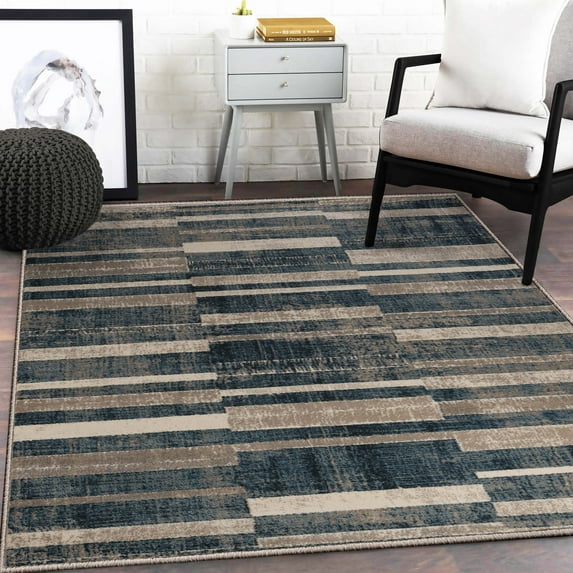 BNM Modern Farmhouse Wide Striped Indoor Area Rug, 5' x 8', Blue/ Cream