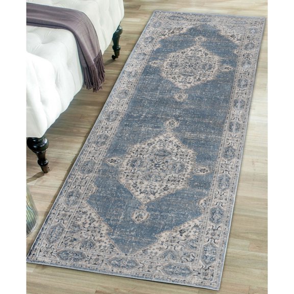 BNM Modern Medallion Indoor Runner Rug, 2' 7" x 6', Blue-Cream
