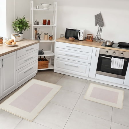 BNM Modern Plush Washable 2 Piece Kitchen Rug Set, Cream