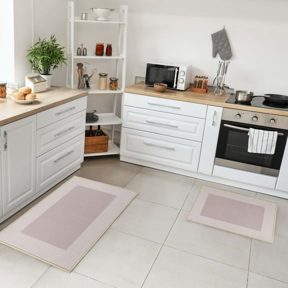BNM Modern Plush Washable 2 Piece Kitchen Rug Set, Tan