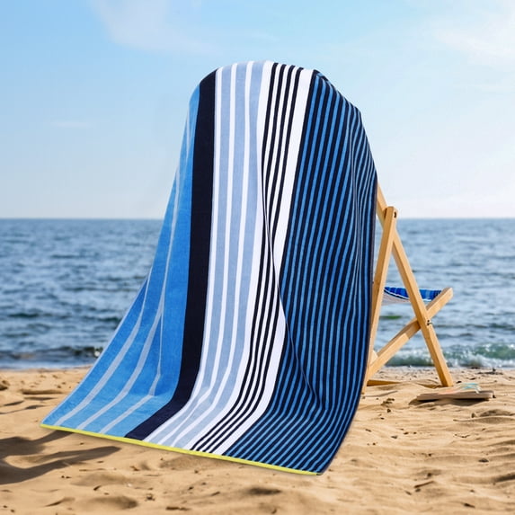 BNM Modern Striped Cotton Large Oversized Beach Towel, 34" x 68", Blue/ Navy