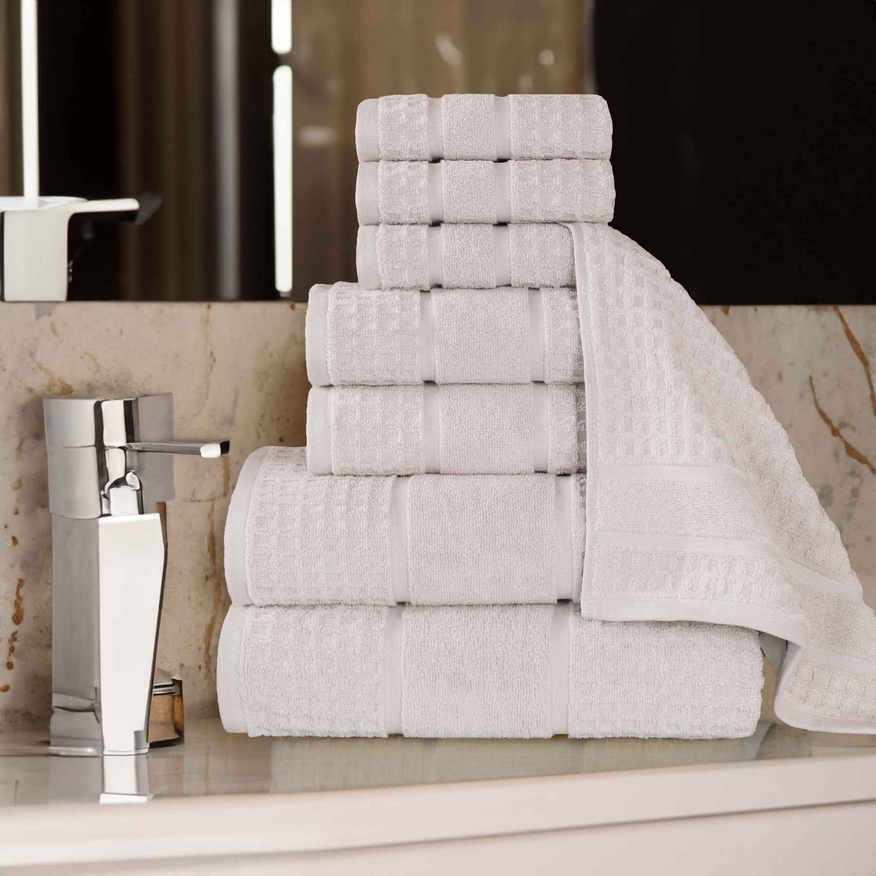 BNM Napa Zero Twist Cotton Waffle 8 Piece Bathroom Towel Set, Stone