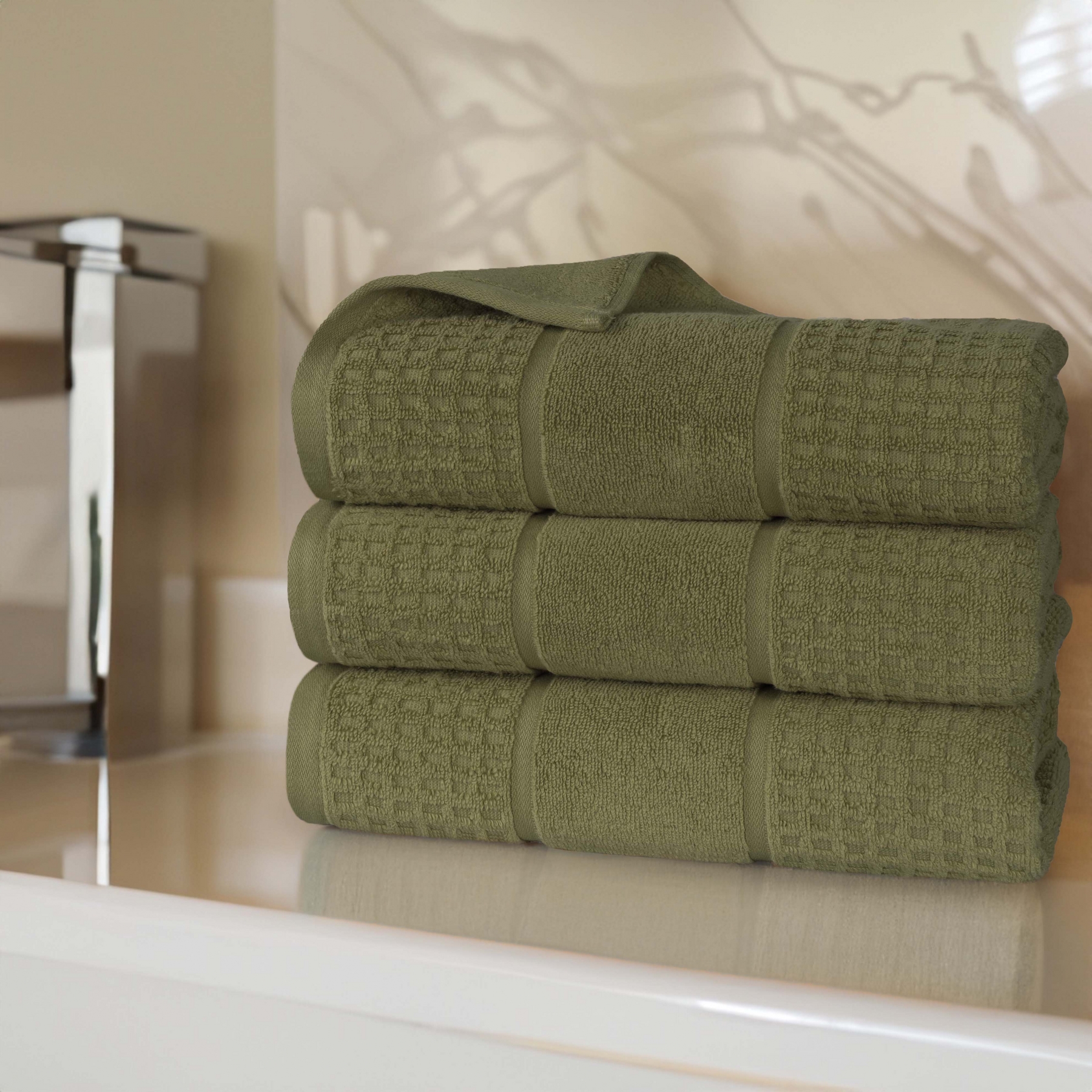 BNM Napa Zero Twist Cotton Waffle Bath Towel Set of 3, Forest Green