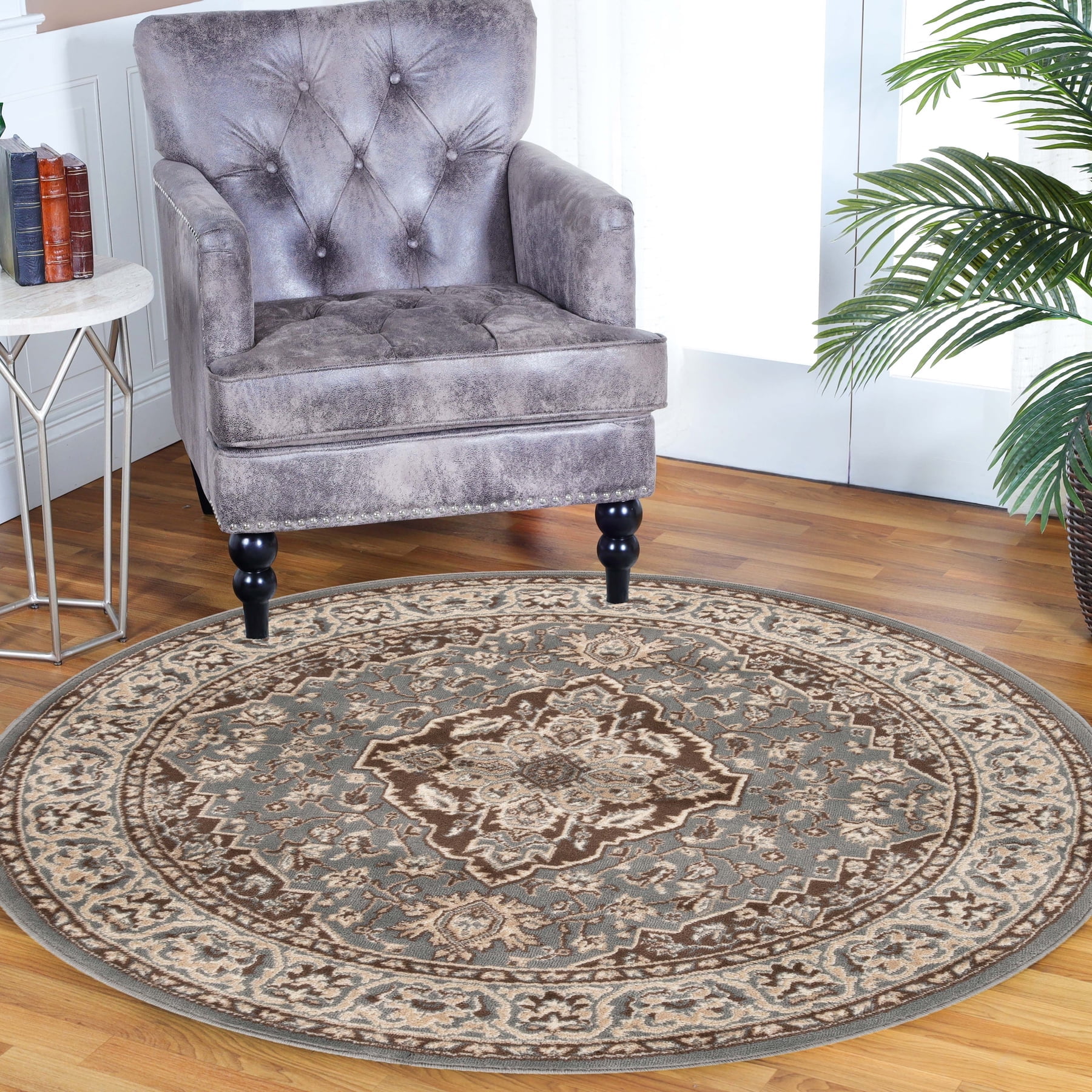 Gray Round Medallion Floral Scroll Synthetic Rug