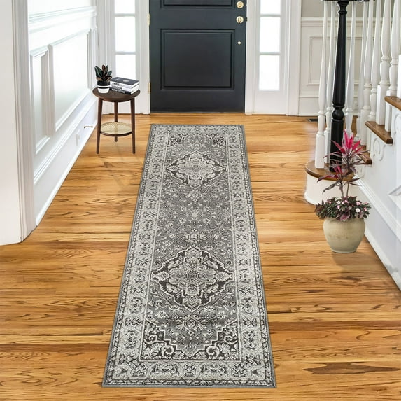 BNM Oriental Medallion Floral Indoor Runner Rug, Grey, 2' 7" x 10'