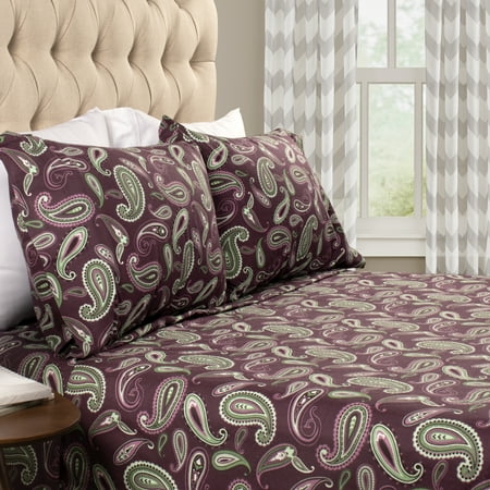 BNM Paisley Flannel Cotton Sheet Set, Full, Purple