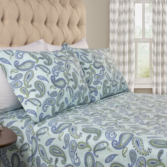 BNM Paisley Flannel Cotton Sheet Set, King, Light Blue