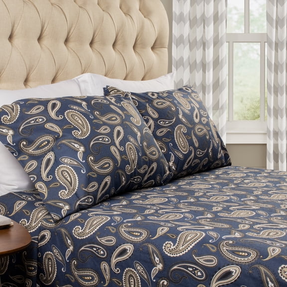 BNM Paisley Flannel Cotton Sheet Set, King, Navy Blue