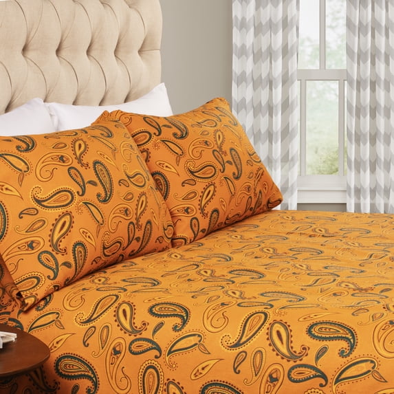 BNM Paisley Flannel Cotton Sheet Set, King, Pumpkin