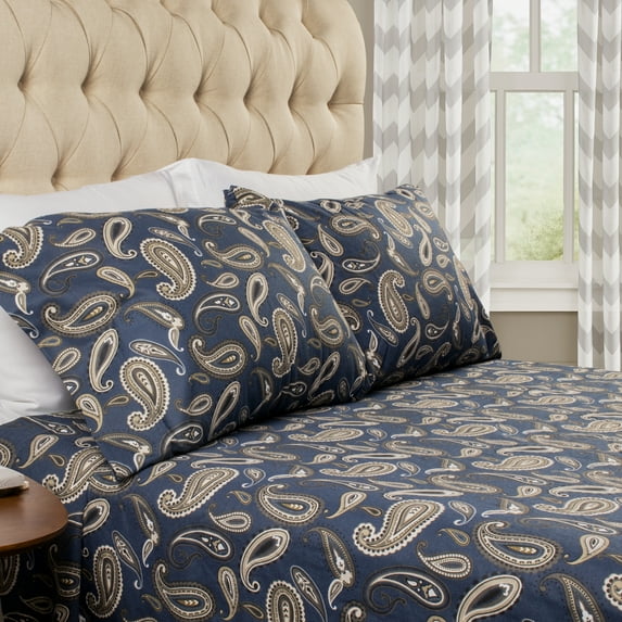 BNM Paisley Flannel Cotton Sheet Set, Queen, Navy Blue