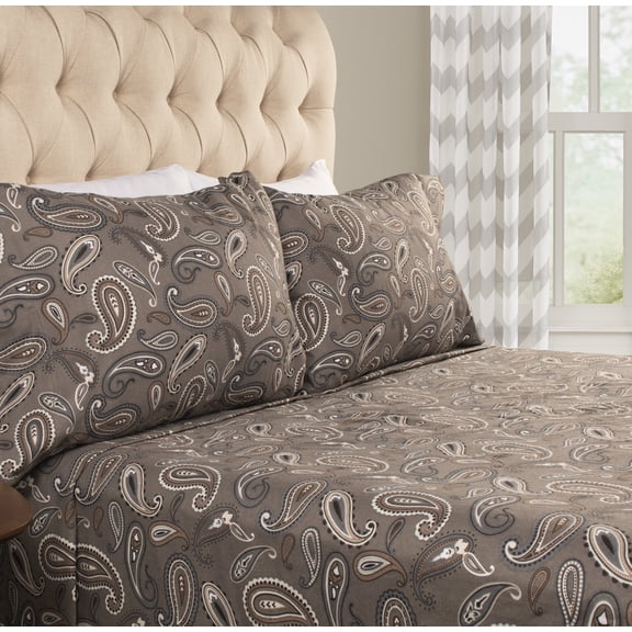 BNM Paisley Flannel Cotton Sheet Set, Twin, Grey