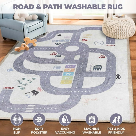 BNM Path Road Non-Slip Kids Washable Indoor Area Rug, 5' x 7' 6", Ivory