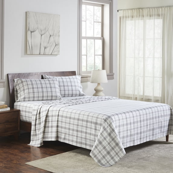BNM Plaid Flannel Cotton Sheet Set, Twin, Charcoal