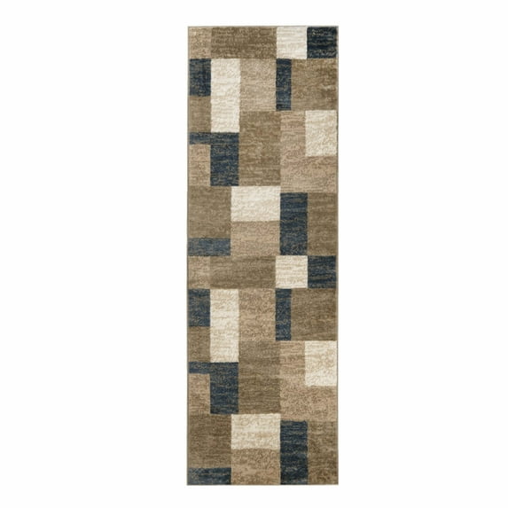 BNM Plush Geometric Indoor Runner Rug, Beige/ Blue, 2' 7" x 10'