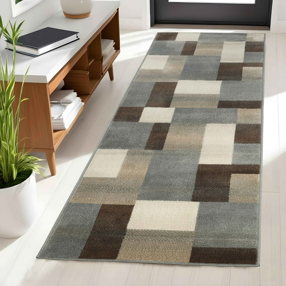 BNM Plush Geometric Indoor Runner Rug, Grey, 2' 7" x 12'