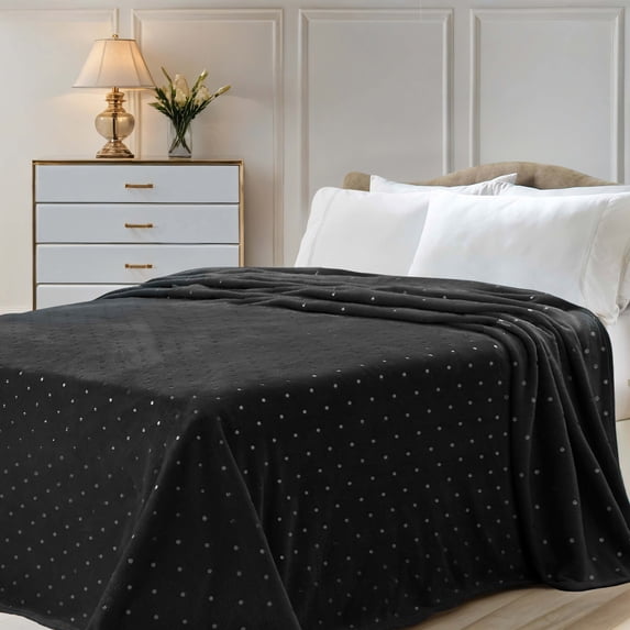 BNM Polka Dot Plush Soft Fleece Blanket, Full/Queen, Black