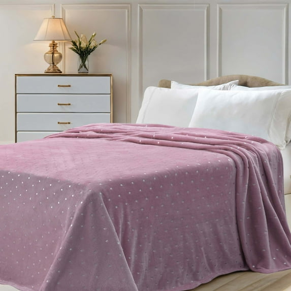 BNM Polka Dot Plush Soft Fleece Blanket, Full/Queen, Mauve