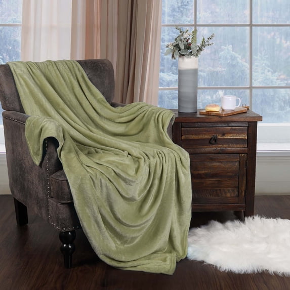 BNM Solid Fleece Plush Fluffy Blanket, Throw, Sage
